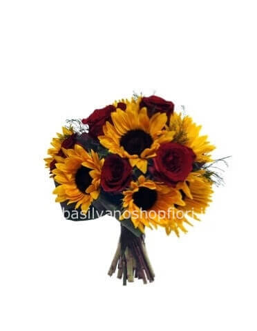 Mazzo alto di girasoli e rose rosse